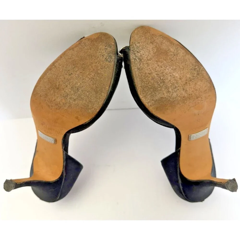 BADGLEY MISCHKA BLACK SATIN D’ORSAY OPEN TOE RHINESTONE EMBELLISHED HEELS SZ 7M